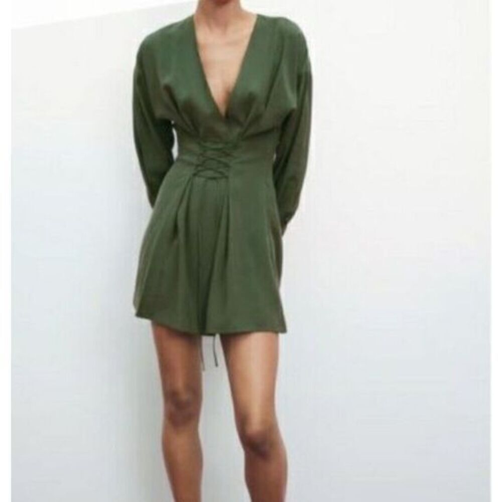 ZARA Dress Size Small Green Lace Up Corset Style Mini Dress